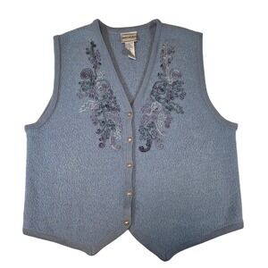 Napa Valley Sweater Vest Womens M Blue Wool Blend Embroidered Beaded 90s Vintage